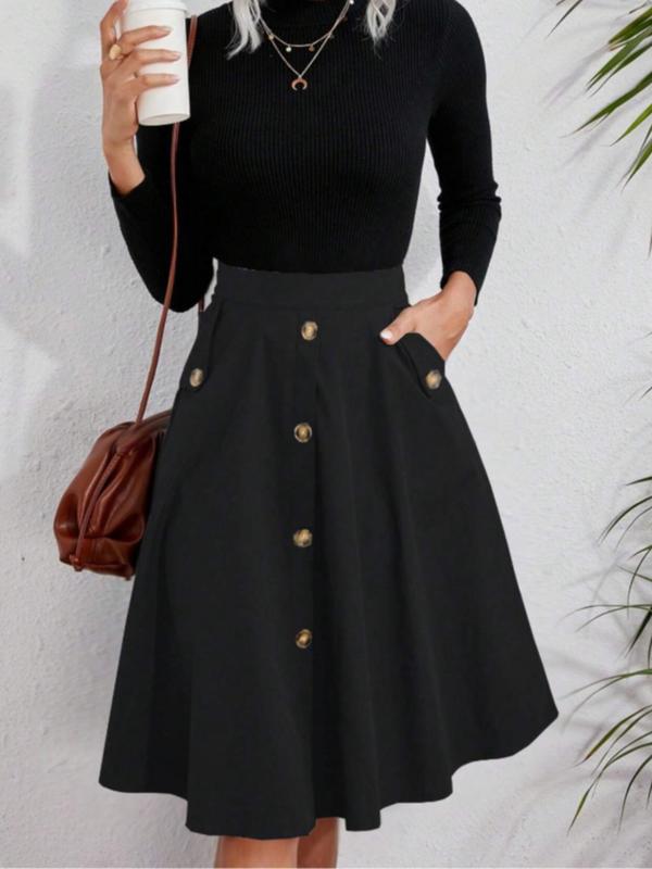Women's Solid Fake Buttons Pocket A Line Skirt, Elegant High Waist Long Skirt for Work Office Business, Ladies Bottoms for All Seasons