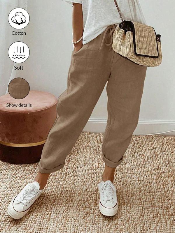 Women's Plain Tie Front Pocket Straight Leg Pants, Casual Elastic Waist Trousers for Spring & Fall, Women's Bottoms for Daily Wear, Fall Clothing