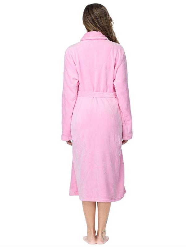 Women's Solid Dual Pocket Belted Flannel Pj Robe, Mean Girls Long Sleeve Shawl Collar Dressing Gown, 2000s Robe，Women's Sleepwear for Fall & Winter, Cold Weather Gear, Robe for Women, Fall Wear, Fallfreshness