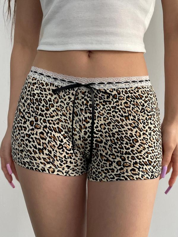 Women's Leopard Print Contrast Lace Tie Front Shorts, Casual Comfy Drop Waist Shorts for Summer, Fashion Women's Bottoms for Daily Wear
