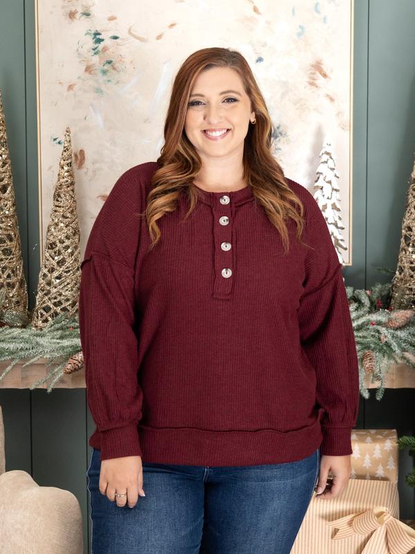 Andree Button Up Long Sleeve Ribbed Henley Top | S - 3X