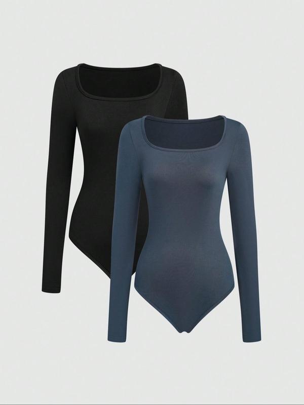 Women's Solid Scoop Neck Long Sleeve Bodysuit, Casual Tops, Comfy Bodysuit for Daily Wear, Ladies Clothes for All Seasons North West Body Suit