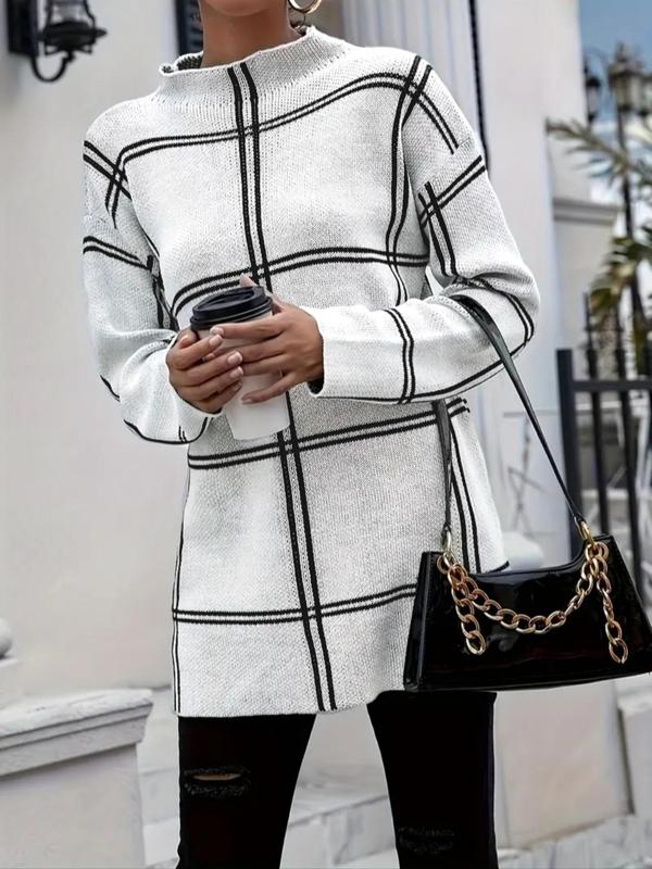 Women's Plaid Jacquard Split Hem Drop Shoulder Sweater, Casual Long Sleeve Mock Neck Jumper for Spring & Fall, Fashion Women's Knitwear for Daily Wear