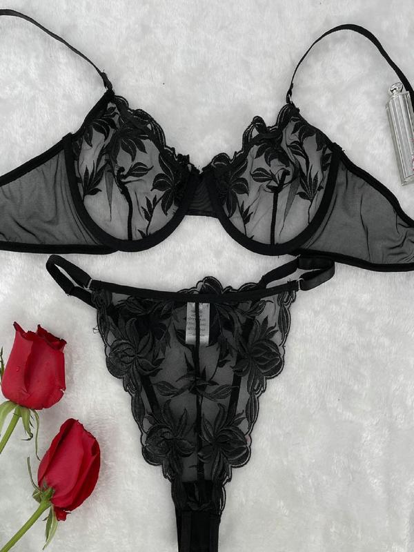Women's Solid Embroidery Sheer Lace Bra & Thong Set, Breathable Comfortable Sexy Lingerie Set for Daily Wear, Lingerie Set for Women, Women Sexy Lingeries for All Seasons