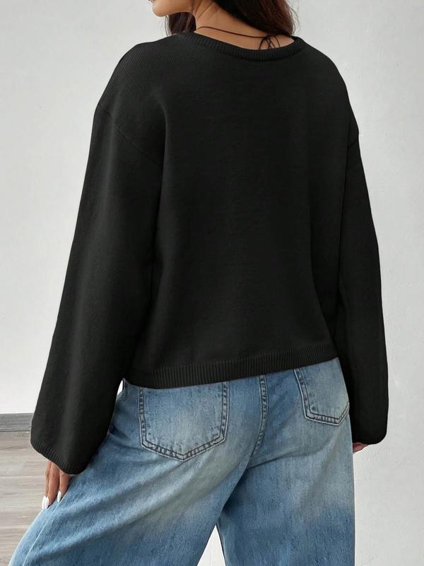 Women's Solid Tie Front Drop Shoulder Cardigan, Casual Long Sleeve Round Neck Jumper for Fall & Winter, Fashion Ladies' Knitwear for Daily Wear