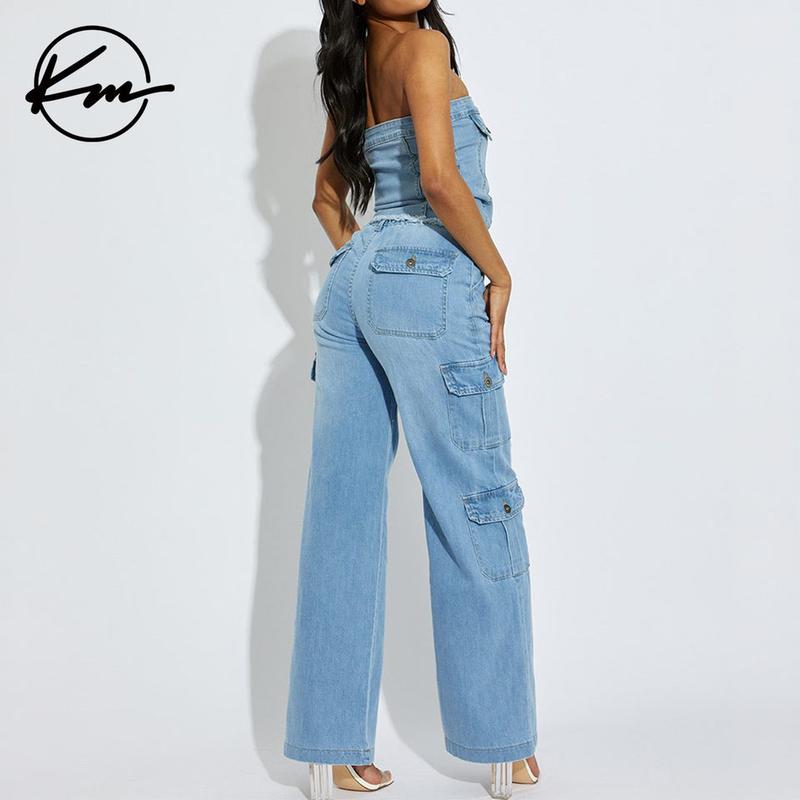 KatchMe Women's Trendy Denim High Waist Wide Leg Cargo Trousers,Multi-Pocket Street Womenswear,Jeans With Cargo Pockets,Versatile Casual Outfits(new)