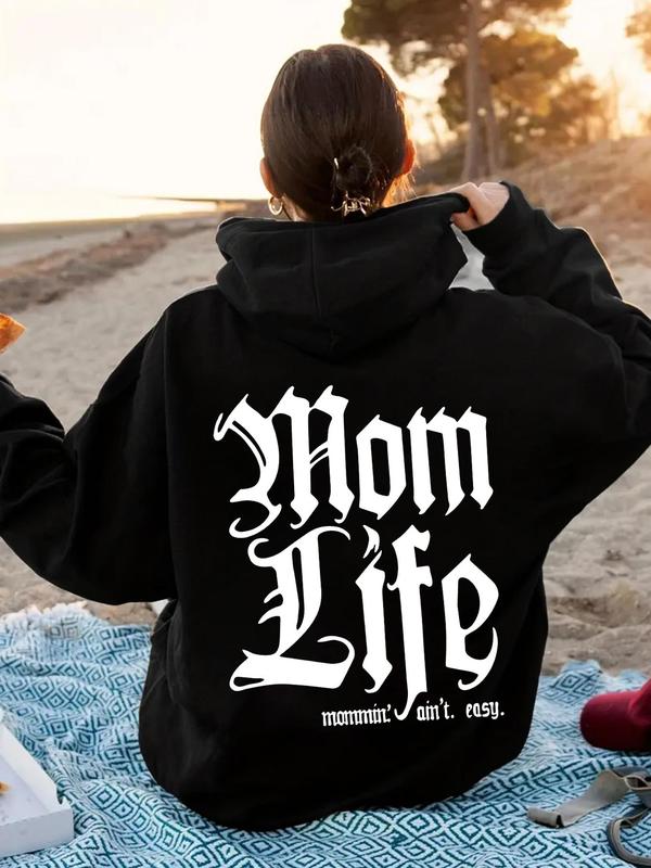 Letter Print Hoodie, Casual Mom Life Printed Hooded Sweatshirt for Fall & Winter, Women's Plus Clothing for Daily Wear