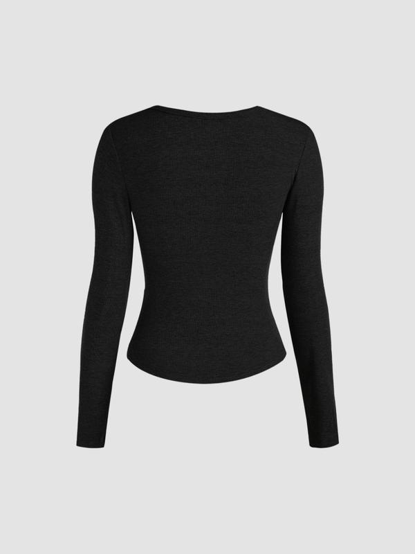 Fall Women's Solid Button Front Ribbed Shirts, Casual Long Sleeve Round Neck T-shirt for Fall, Women's Top for Daily Wear, Fall Vintage 90s Tees, Downtown Girl Clothes