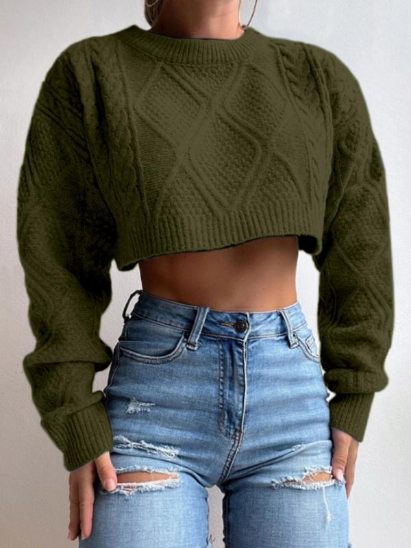 Women's Plain Textured Crop Sweater, Casual Long Sleeve Round Neck Jumper, Women's Spring & Fall Knit Clothing for Daily Wear Fall Sweater