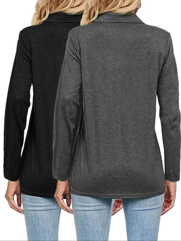 Women's Solid Color Collared Long Sleeve Tee, Casual Polo Neck T-shirt for Fall, Women's Top for Daily Wear