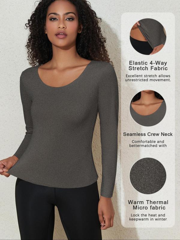 Women's Solid Thermal Lined Underwear Top, Casual Comfy Warm Round Neck Long Sleeve Top for Fall & Winter, Women's Underwear for Daily Wear