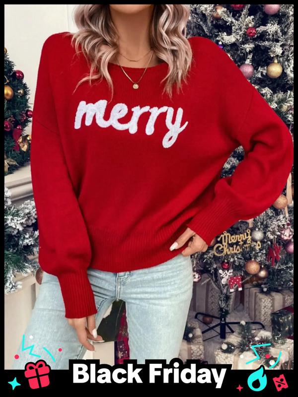  Letter Pattern Drop Shoulder Sweater, Casual Long Sleeve Round Neck Jumper for Fall & Winter, Women's Plus Clothing for Daily Wear