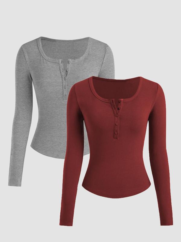 Fall Women's Solid Button Front Ribbed Shirts, Casual Long Sleeve Round Neck T-shirt for Fall, Women's Top for Daily Wear, Fall Vintage 90s Tees, Downtown Girl Clothes