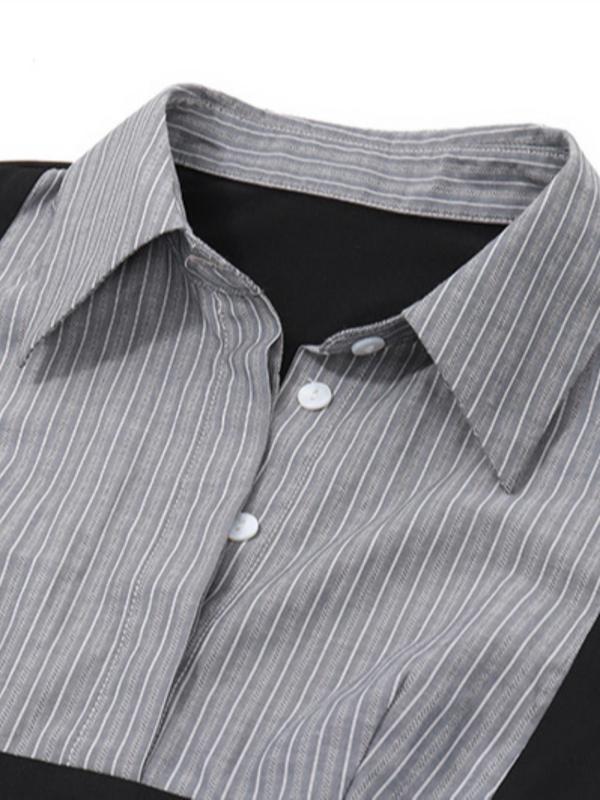 Women's Colorblock Patchwork & Striped Print 2 in 1 Polo Shirt, Casual Flounce Sleeve Buttons Top for Fall, Ladies Clothes for Daily Wear