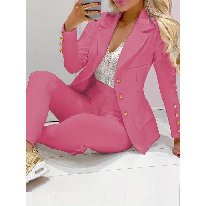 Business Casual Two-piece Set, Double-breasted Lapel Blazer & Slim Pants Outfits, Women's Clothing Collar Fabric Sleeve Suit