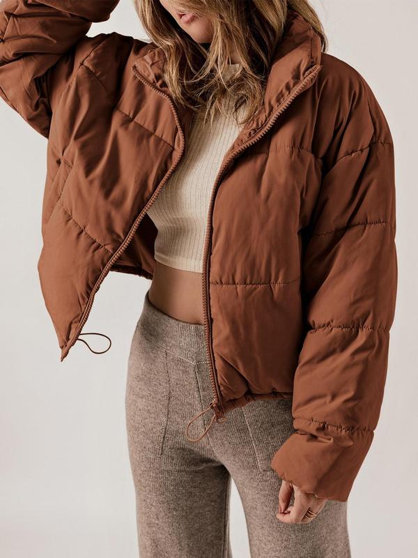 Women's Solid Drawstring Drop Shoulder Quilted Warm Jacket, Casual Long Sleeve Zip Up Outerwear for Winter, Ladies Clothes for Daily Wear