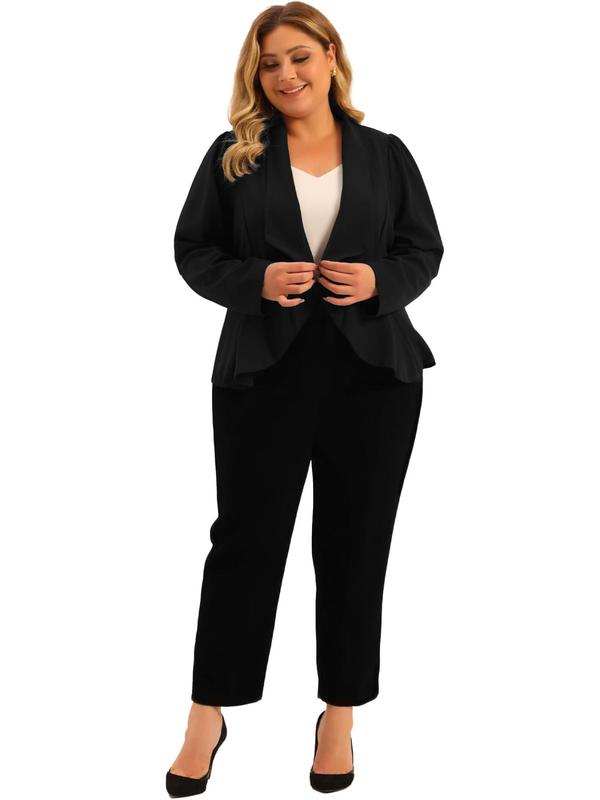  Two-Piece Set Solid Waterfall Collar Open Front Blazer & Elastic Waist Pants, Casual Long Sleeve Outerwear & Trousers for Work Office Business, Women's Clothes for Spring & Fall