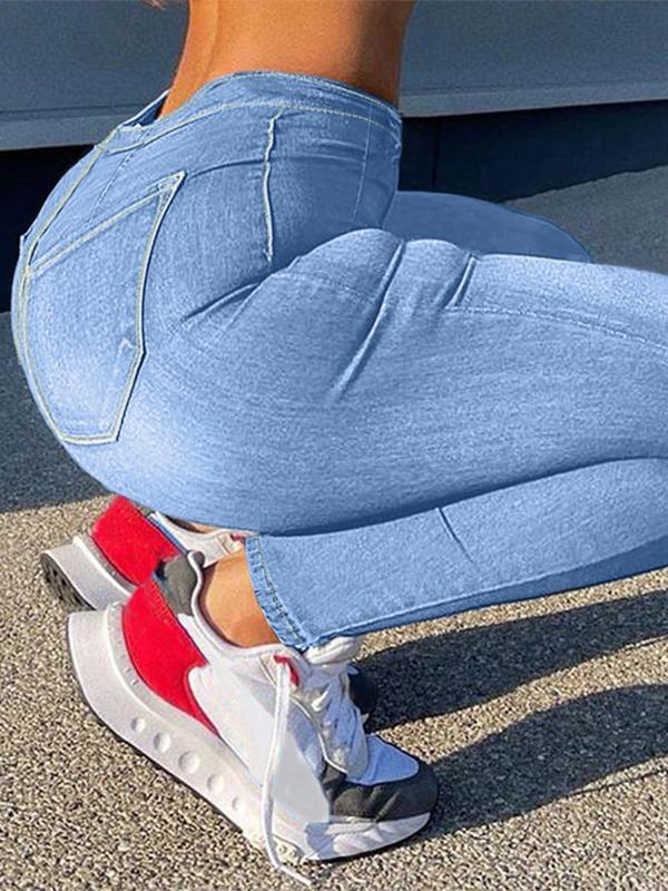 Women's Plain High Waist Button Fly Skinny Jeans, Casual Comfy Pocket Design Denim Jeans for Daily Wear, Ladies Bottoms for All Seasons
