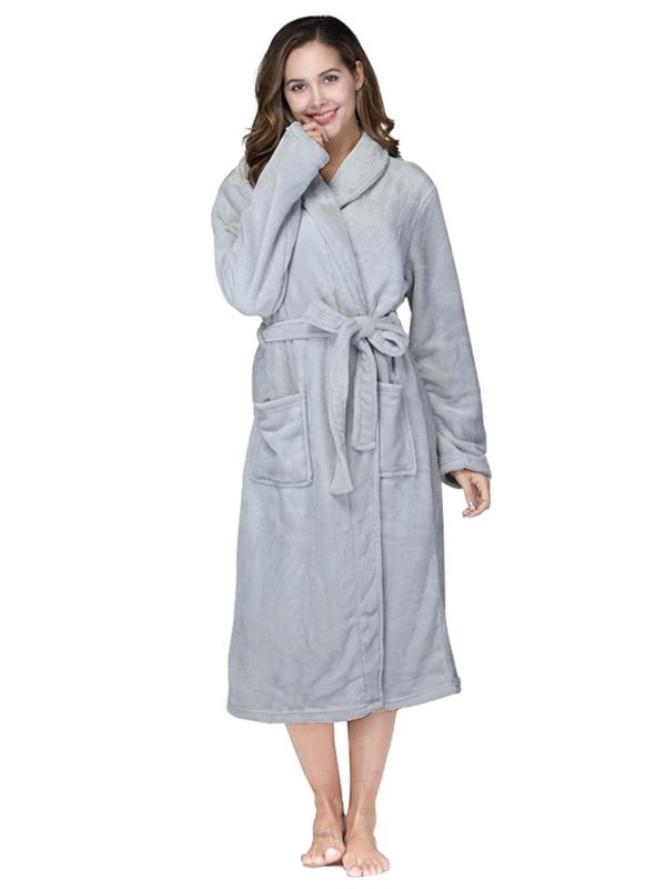 Women's Solid Dual Pocket Belted Flannel Pj Robe, Mean Girls Long Sleeve Shawl Collar Dressing Gown, 2000s Robe，Women's Sleepwear for Fall & Winter, Cold Weather Gear, Robe for Women, Fall Wear, Fallfreshness