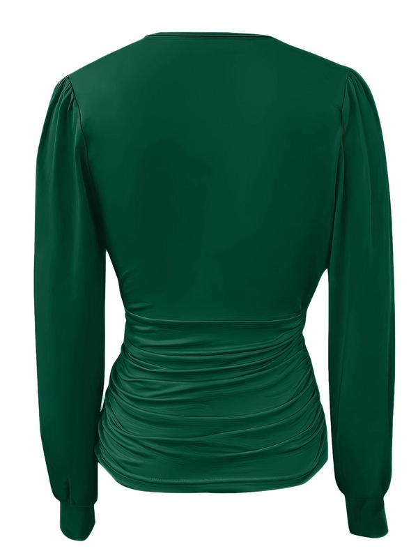 Women's Solid Ruched Deep V Neck Blouse, Casual Long Sleeve Going Out Tops for Spring & Fall, Summer Clothes, Women's Clothes for Daily Wear