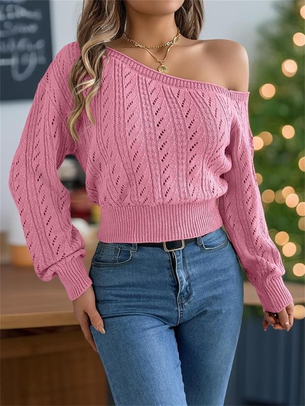 Women's Plain Hollow Out Drop Shoulder Sweater, Casual Long Sleeve Asymmetrical Neck Jumper for Fall & Winter, Fashion Ladies' Knitwear for Daily Wear