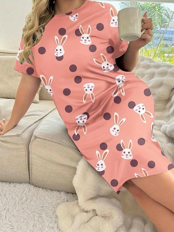  Butterfly & Rabbit Print Round Neck Nightdress, Casual Soft Comfortable Short Sleeve Nightgown for Women, Women's Sleepwear for All Seasons