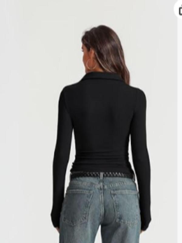 Women's Plain Long Sleeve Polo Neck Tee, Casual T-shirt  for Fall & Winter, Women's Clothing for Daily Wear
