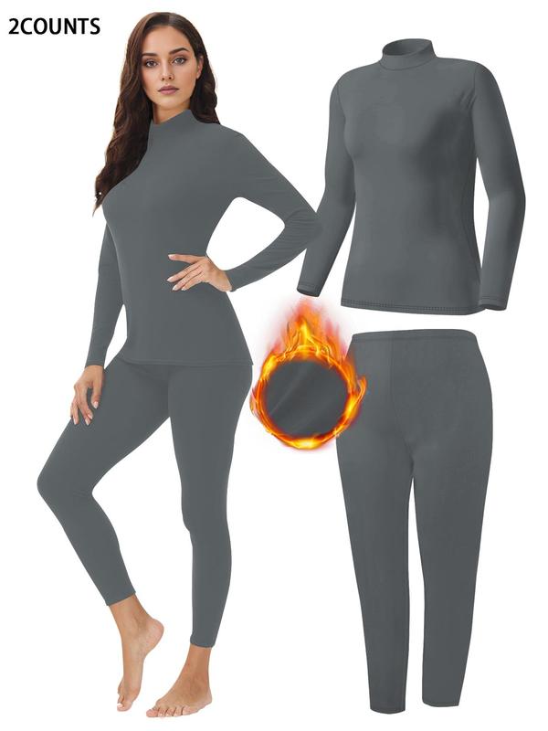 Two-piece Set Women's Solid Color Thermal Underwear Set, Casual Comfy Warm Long Sleeve Top & Leggings for Fall & Winter, Women's Sleepwear for Indoor Wear