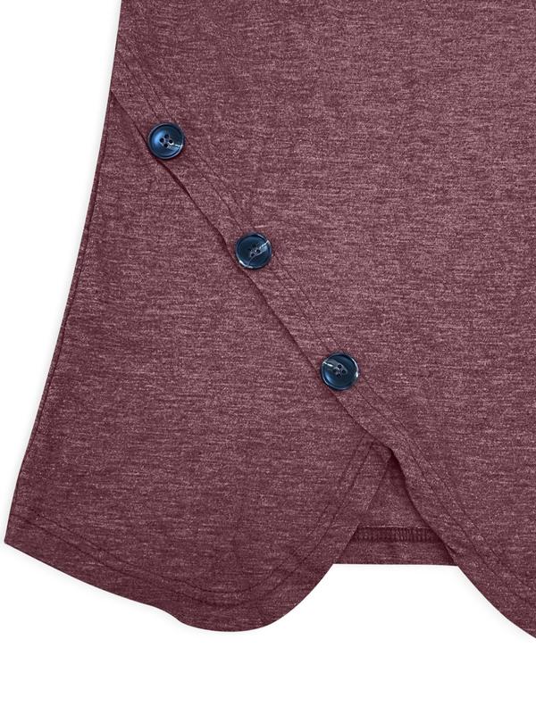  Solid Fake Buttons Asymmetrical Hem Tee, Casual Long Sleeve Round Neck T-shirt for Fall, Women's Clothing for Daily Wear