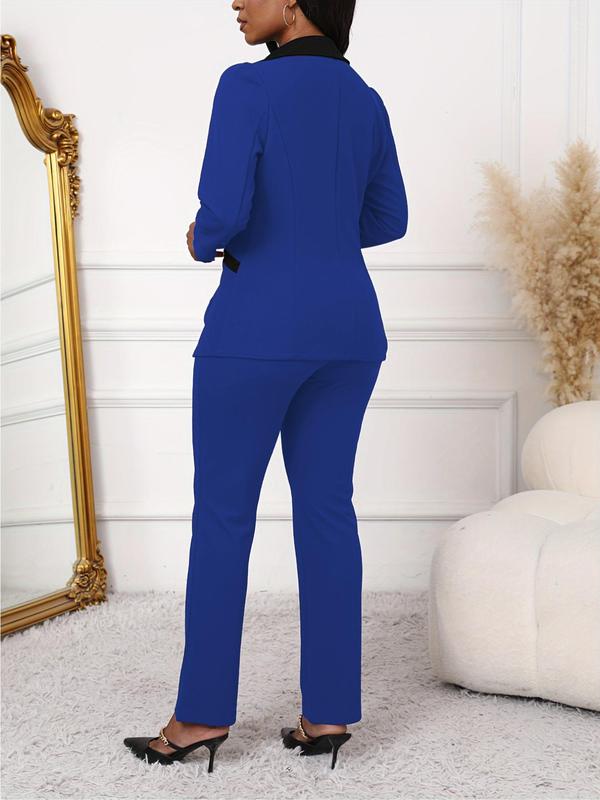 Two-piece Set Women's Colorblock Lapel Neck Pocket Button Blazer & Pants, Elegant Fashion Two Piece Outfits for Work Office Business, Ladies Clothes for All Seasons