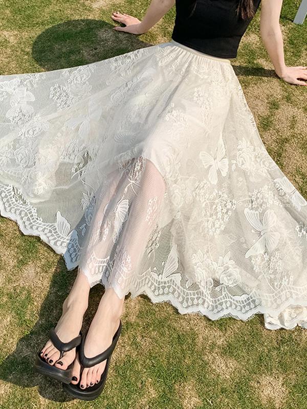 Women's Butterfly & Floral Lace Sheer A Line Skirt, Elegant Fashion Casual Long Skirt for Daily Wear Vacation Holiday, Ladies Bottoms for All Seasons, Vintage Clothing
