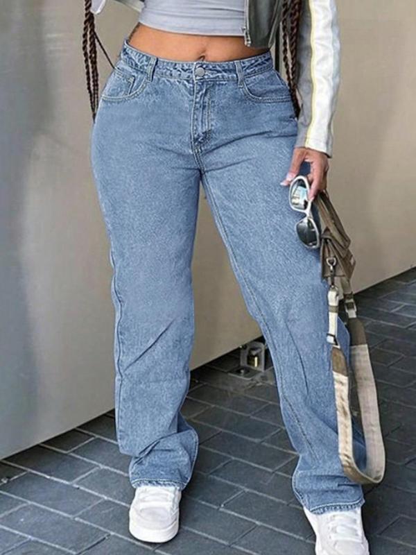 Women's Plain Button Fly Straight Leg Denim Jeans, Casual Pocket Design Trousers for Daily Wear, Ladies Bottoms for All Seasons