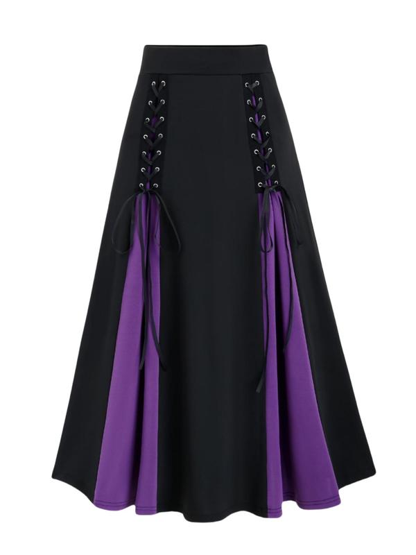 Women's Colorblock Patchwork Lace Up Grommet Eyelet Flared Skirt, Casual High Waist Skirt For Daily Wear, Ladies Bottoms For All Seasons