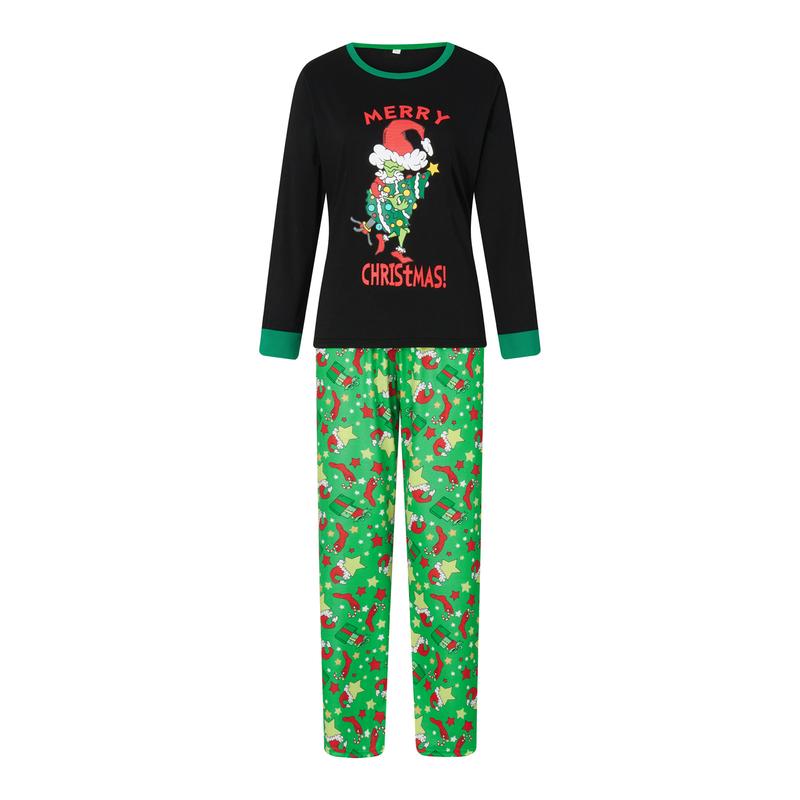 Matching Christmas Pajamas For Family Long Sleeve Cartoon Print Tops + Trousers Set Winter Holiday Sleepwear