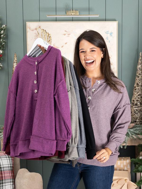 Andree Button Up Long Sleeve Ribbed Henley Top | S - 3X
