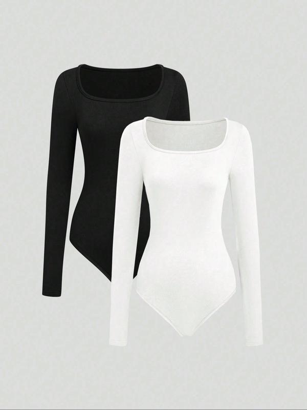Women's Solid Scoop Neck Long Sleeve Bodysuit, Casual Tops, Comfy Bodysuit for Daily Wear, Ladies Clothes for All Seasons North West Body Suit