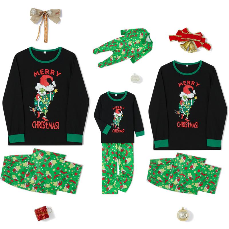 Matching Christmas Pajamas For Family Long Sleeve Cartoon Print Tops + Trousers Set Winter Holiday Sleepwear