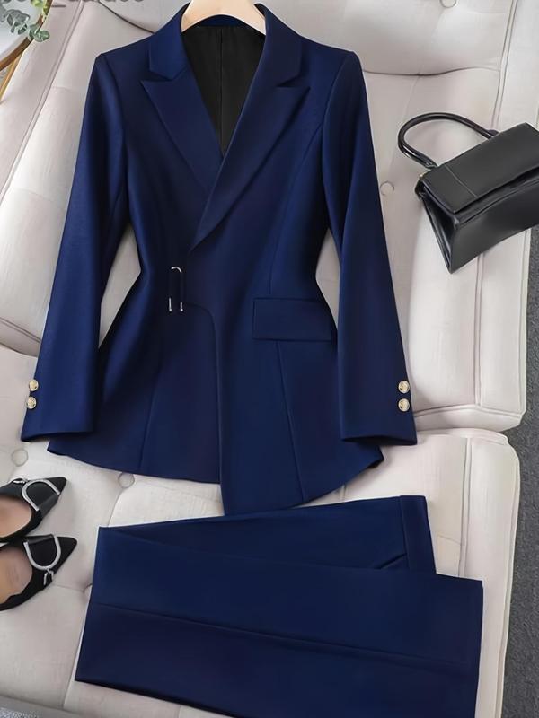 Women's Solid Color Lapel Neck Blazer & Pocket Pants Two-piece Set, Casual Long Sleeve Button Decor Outerwear & Trousers for Work Office Business, Ladies Fall & Winter Clothes