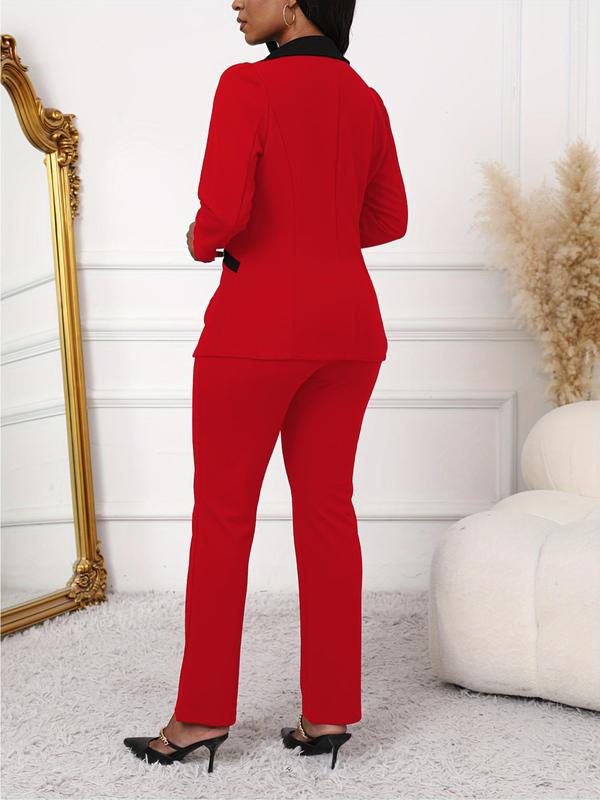 Two-piece Set Women's Colorblock Lapel Neck Pocket Button Blazer & Pants, Elegant Fashion Two Piece Outfits for Work Office Business, Ladies Clothes for All Seasons