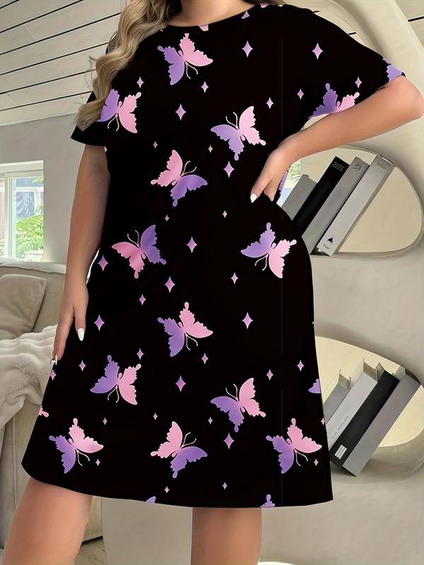  Butterfly & Rabbit Print Round Neck Nightdress, Casual Soft Comfortable Short Sleeve Nightgown for Women, Women's Sleepwear for All Seasons