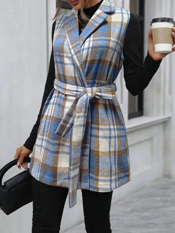 Women's Plaid Print Belted V Neck Waistcoat, Casual Fashion Comfy Gilet Coat for Daily Outdoor Wear, Women Clothes for Fall, Lady Fitted Vest Coat Womenswear, Back To School Outfit for Christmas