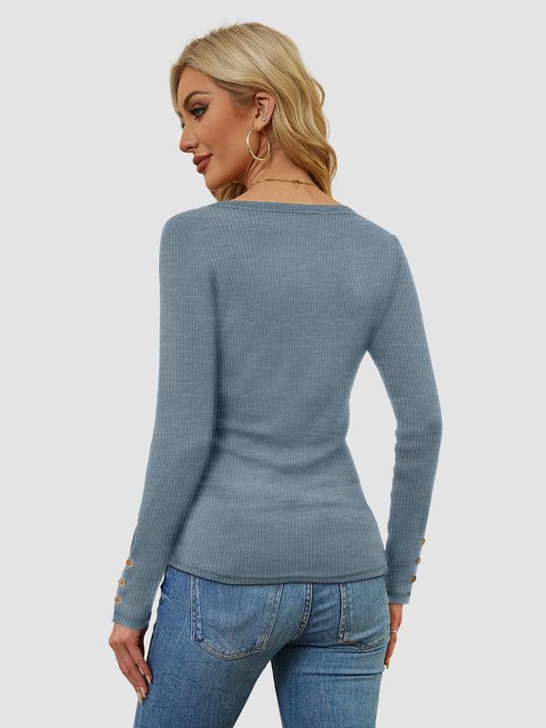 Women’s Long Sleeve T Shirts Button Slim Fit Tops Scoop Neck Ribbed Knit Shirts Casual Clothing Bag Blouses Bottoms Comfy Cute Fashion Pleated