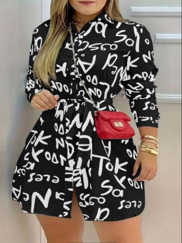 Women's Letter Print Button Front Belted Shirt, Casual Long Sleeve Collared Top for Daily Wear, Ladies Clothes for All Seasons