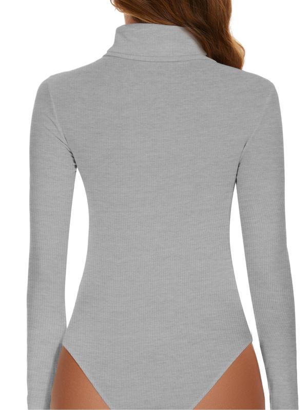 Women's Solid Long Sleeve Thermal Bodysuit, Casual Comfy High Neck Snap Button Warm Bodysuit for Spring & Fall, Women Thermal Underwear for Daily Wear