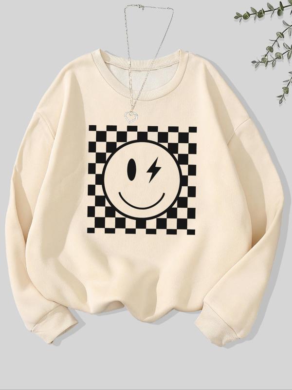 Women's Smile Face Print Crew Neck Sweatshirt, Casual Long Sleeve Pullover for Fall & Winter, Women's Clothes for Daily Wear