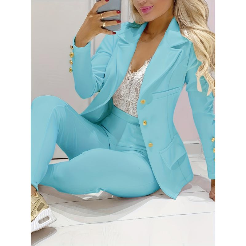 Business Casual Two-piece Set, Double-breasted Lapel Blazer & Slim Pants Outfits, Women's Clothing Collar Fabric Sleeve Suit