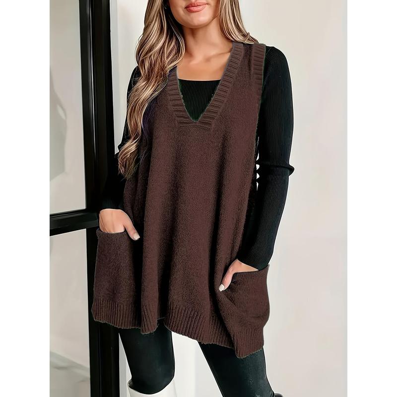Plus Size Pockets Knitted Sweater Vest, Casual Solid Color V Neck Sleeveless Top For Fall & Winter, Women's Plus Size Clothing