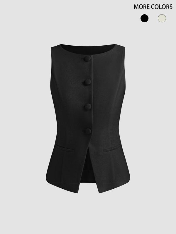 Women's Solid Button Front Vest Blazer, Casual Pocket Sleeveless Outerwear for Spring & Fall, Ladies Clothes for Daily Wear