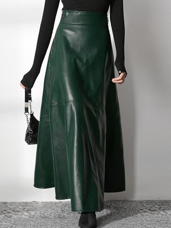 Women's Solid Color High Waist A Line Skirt, Fashionable PU Leather Skirt for Daily Outdoor Wear, Women's Bottoms for Fall & Winter