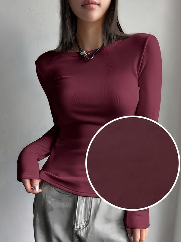 Women's Solid Thermal Lined Crewneck Top, Casual Long Sleeve Round Neck Top for Fall & Winter, Women's Thermal Underwear for Daily Wear